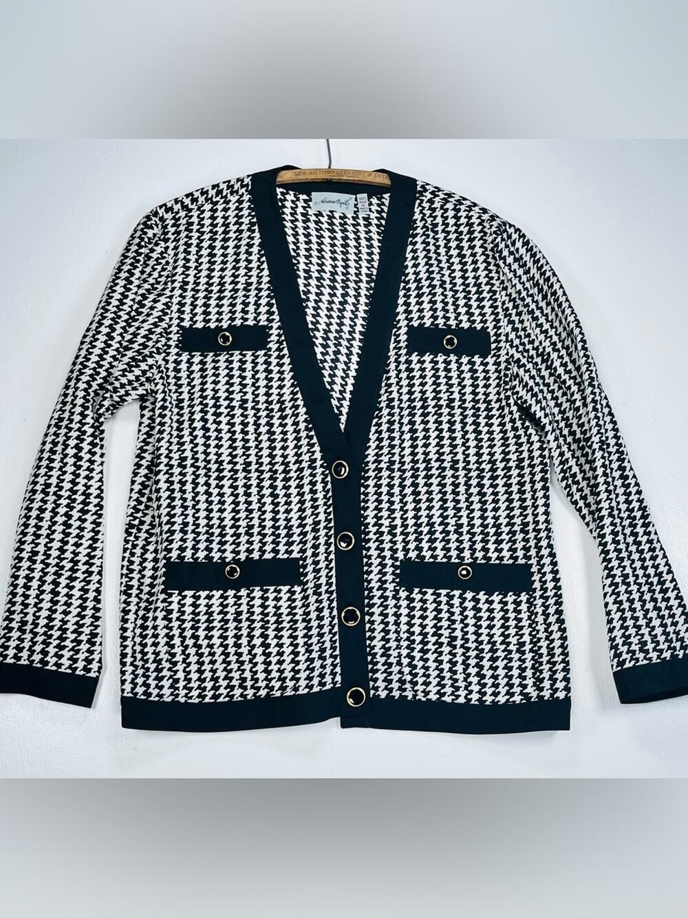Adrianna Papell Black and White Houndstooth Cardigan Blazer